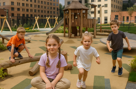 Резиновые покрытия под ключ для детских и спортивных площадок